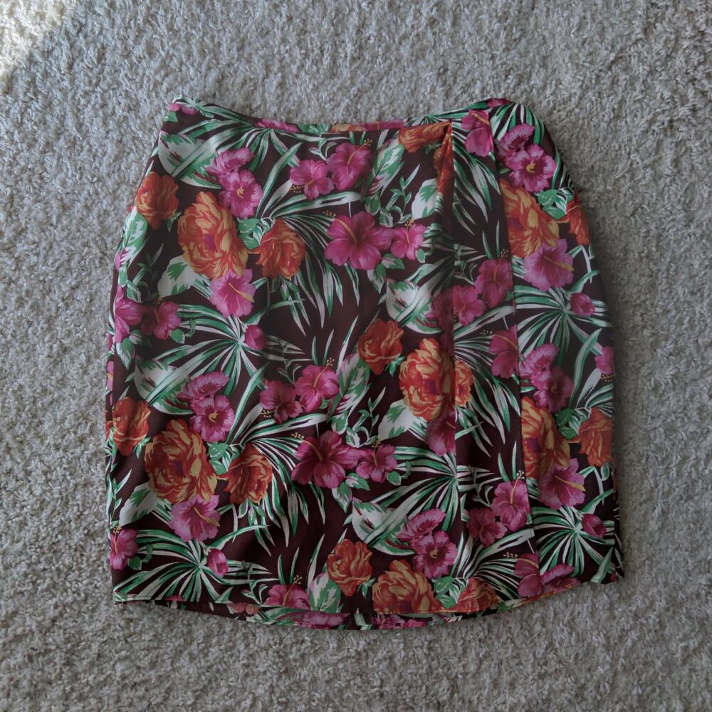 Vintage Morgan Taylor Brown Floral Silk Faux Wrap Mini Knee Length Skirt Size 6